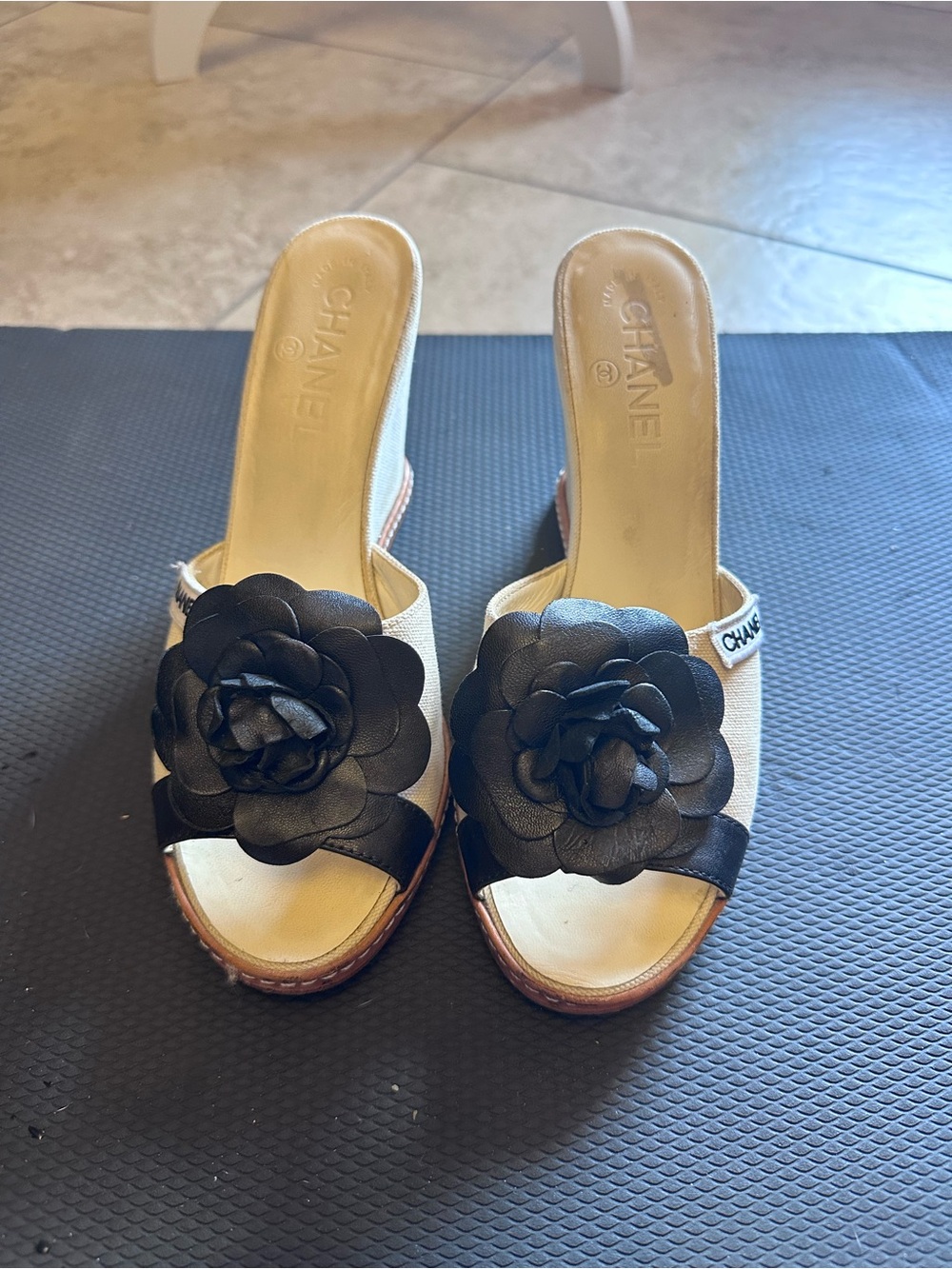Chanel Black Camellia Slip-On Wedge Sandals Size 38.5